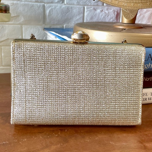SOLD Vintage 1950s Lamè Fabric Clutch Bag Gold Tone Frame + Faux Pearl Shell - Picture 10 of 14
